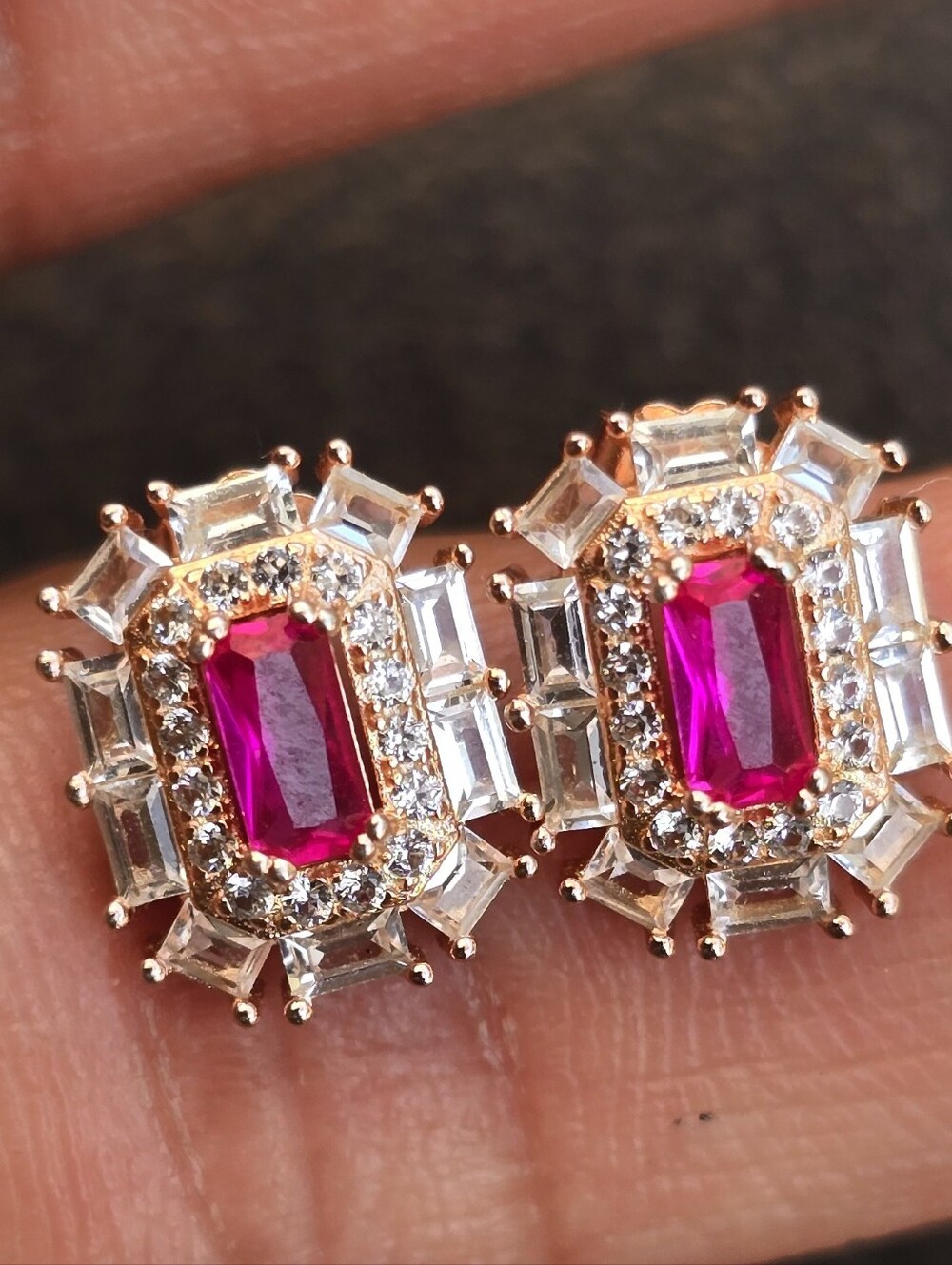 Ruby halo baugette rose gold 925 sterling silver Dee Berkley Jewelry earrings